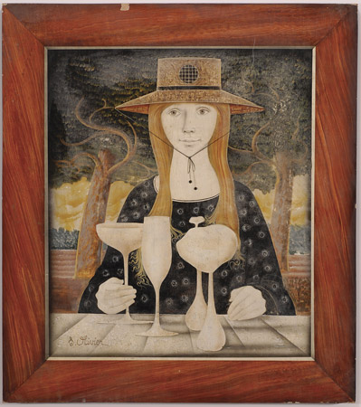 Portrait of a woman with goblets in the foreground