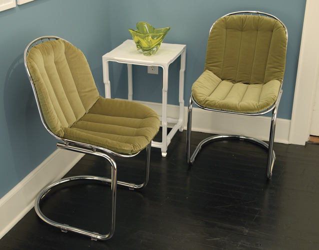 Pair of Chrome Cantilevered Chairs with Green Cushions
