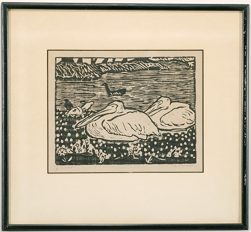 Woodblock of three pelicans