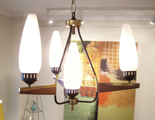 Four Light Wood and Brass Fixture