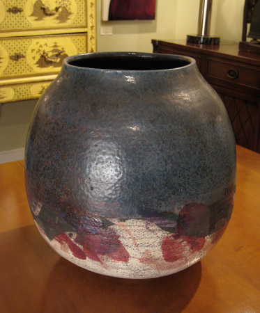 Large raku vase with blue, white and red glazes